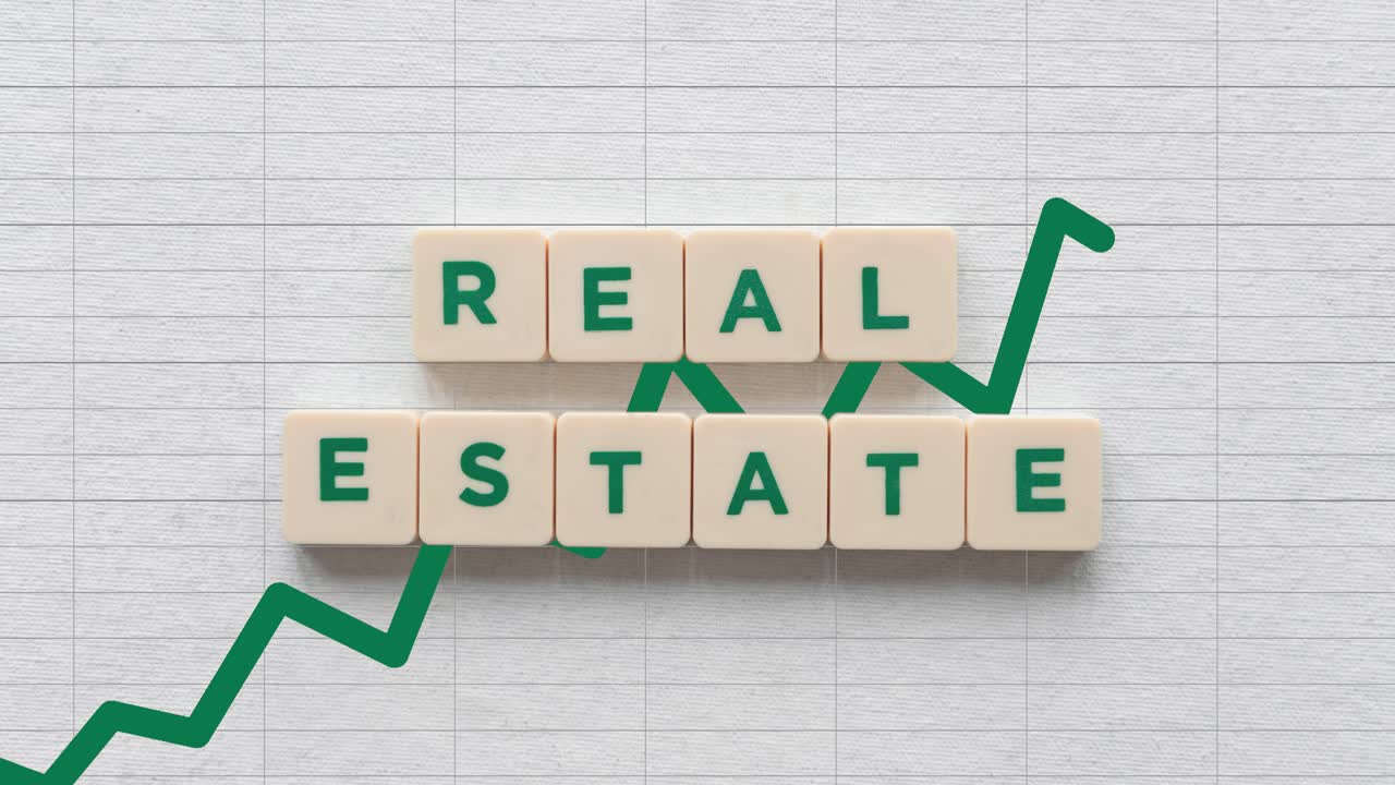 bienes raíces, scrabble bloques de letras, gráfico - animación