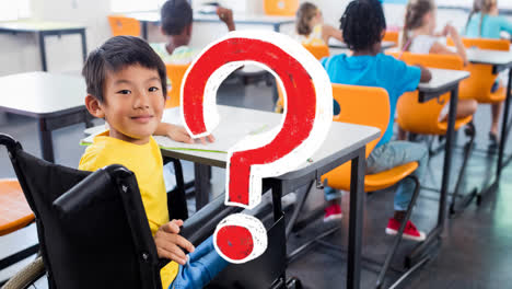 animation of red question mark over smiling asian schoolboy in wheelchair at desk in classroom