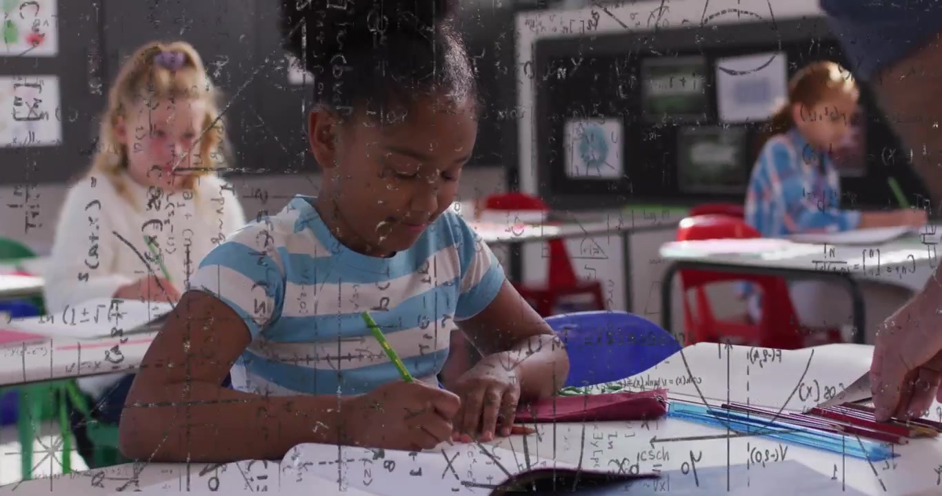 Front girl using green pencil solving math problems, adult handing files, math overlay across page