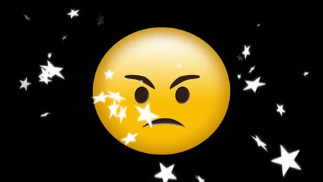 Digital-animation-of-multiple-stars-icons-falling-over-angry-face-emoji-against-black-background