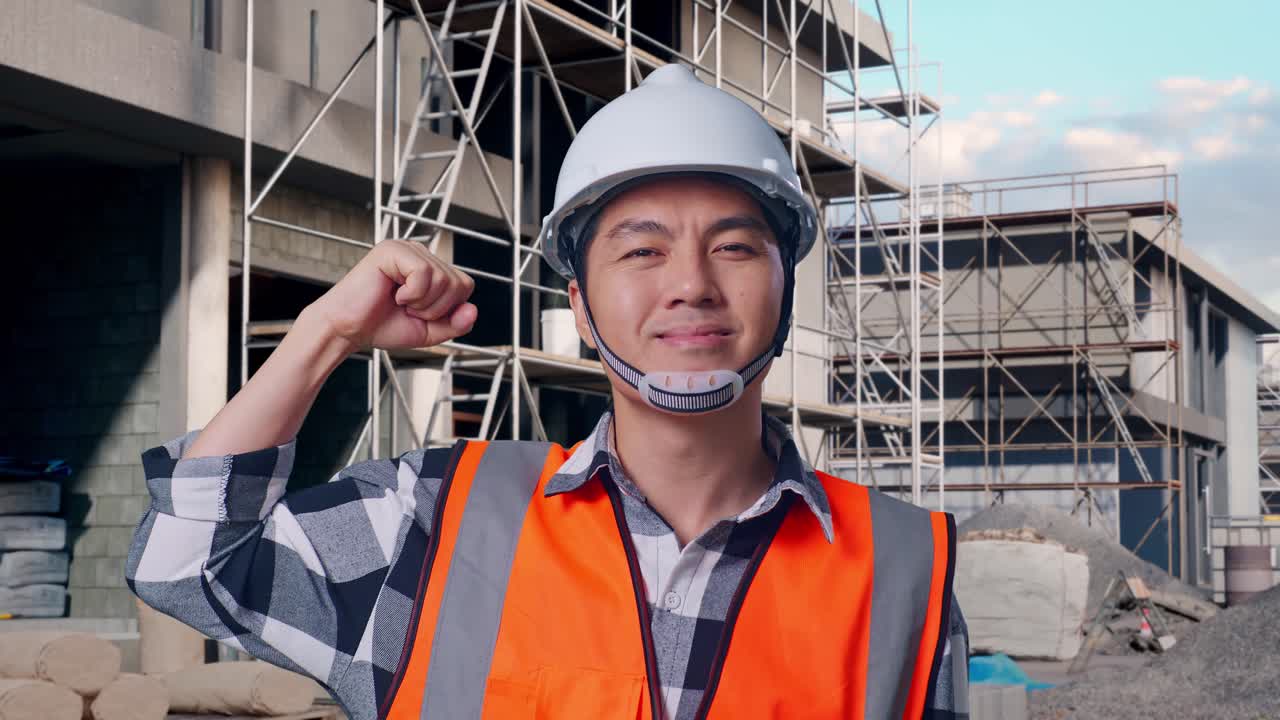 Close Up Of Asian Male Engineer With Safety Helmet Flexing His Bicep And Smiling To Camera While Standing At Building & Construction Site in Progress to New House