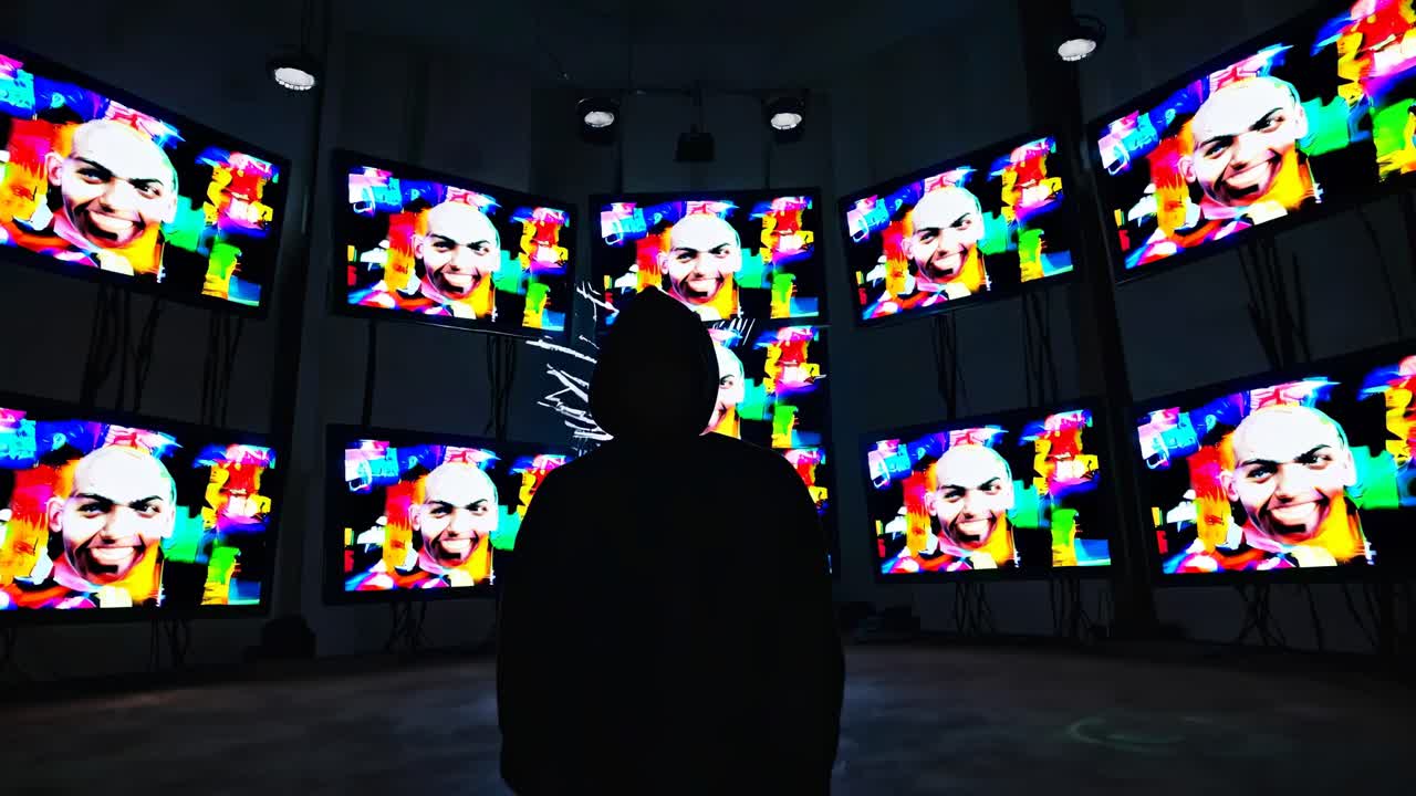 Silhouette of a person in a hoodie facing multiple glitchy video screens, captured from a low angle