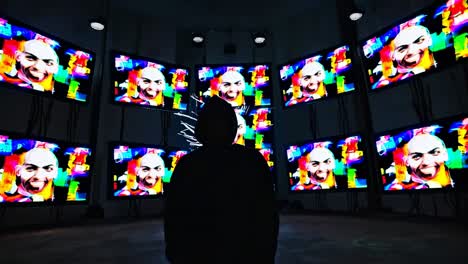 silhouette of a person in a hoodie facing multiple glitchy video screens, captured from a low angle