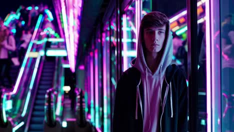 teenage figure wearing hoodie standing amid neon lit urban landscape, reflecting urban environment's technological complexity and youthful introspection
