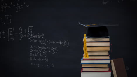 graduation cap on top of a pile of books and mathematical equations and graphs