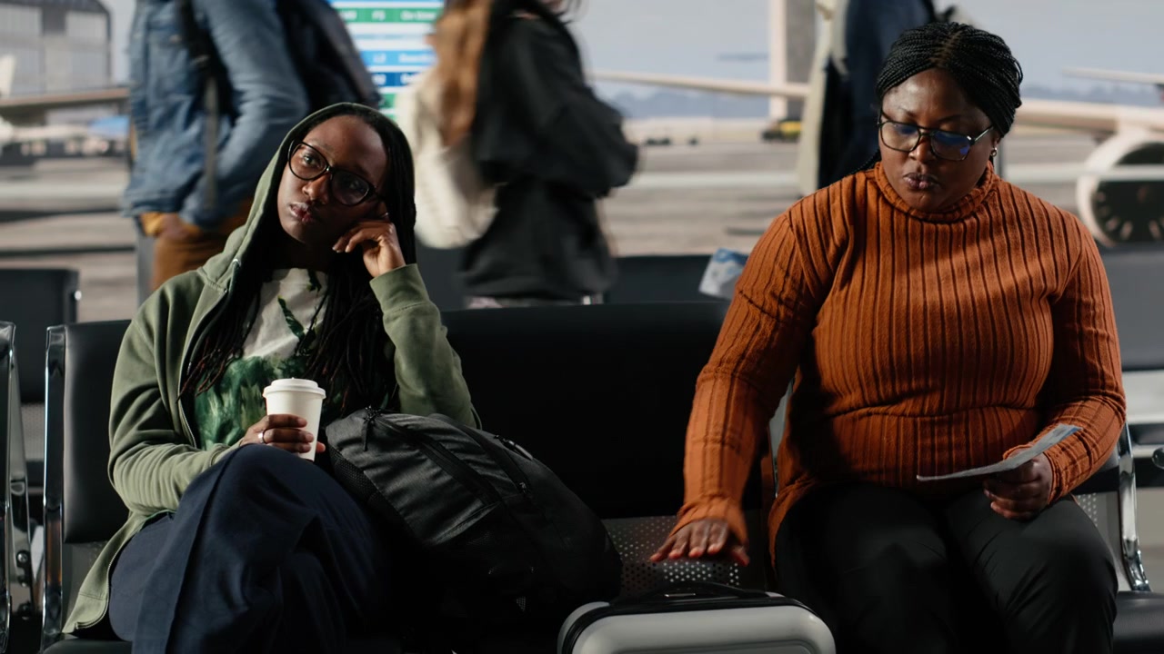 Drinking coffee, waiting for plane and woman in busy airport