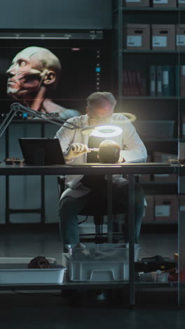 scientist examining a skull in a laboratory