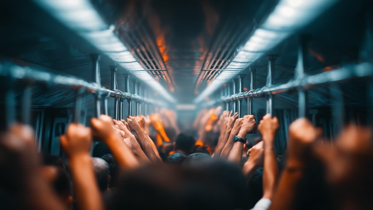 A Sea of Hands: A Dynamic Moment Captured Inside a Crowded Subway Car, Highlighting the Intense Energy and Unity of Commuters Amidst Urban Life