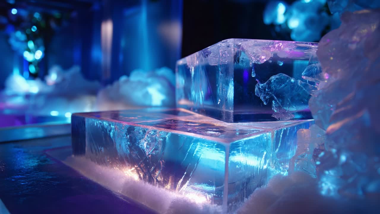 A Captivating Display of Glimmering Ice Blocks Illuminated in Vibrant Blue Light, Surrounded by Ethereal Clouds, Creating an Enchanting and Mystical Atmosphere in This Beautifully Designed Setting