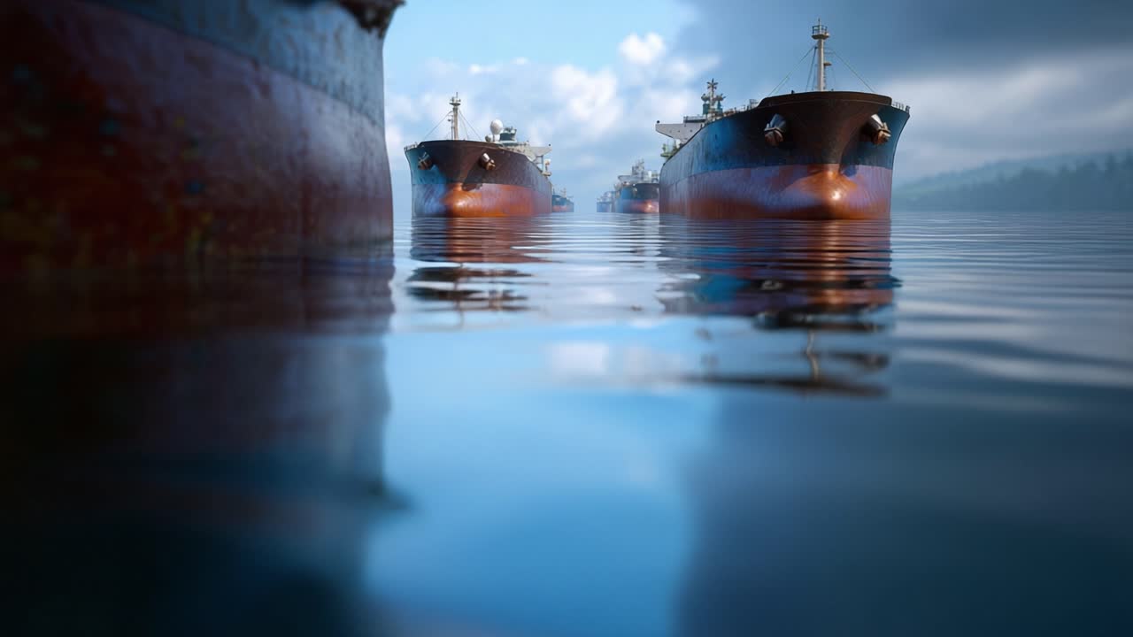 Large cargo ships glide through calm, reflective waters. Sunlight glints off ship hulls and gentle ripples. Misty horizon blends with sky, creating serene mood. Ideal for transport, maritime