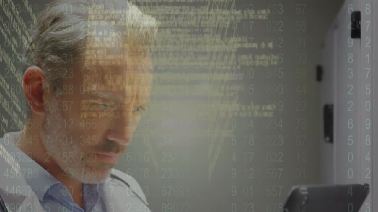 animación de un médico caucásico usando una tableta sobre el procesamiento de datos