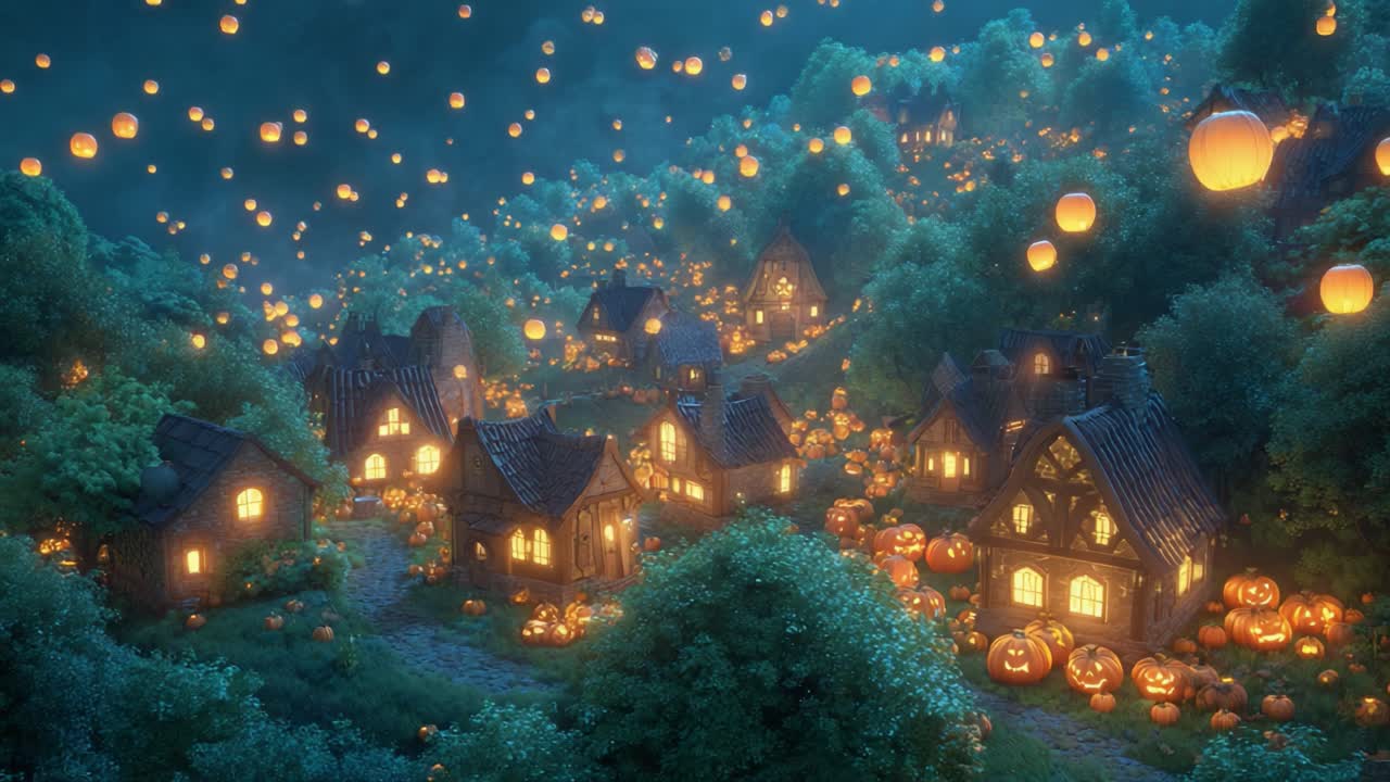 Enchanting Night in a Pumpkin-Lit Village: A Magical Scene of Cozy Houses Illuminated by Glowing Lanterns and Orange Pumpkins Beneath the Starry Sky