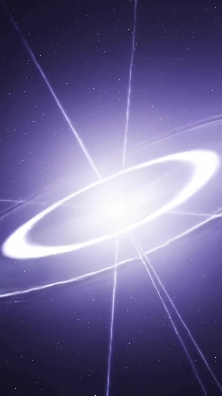 Video verticale: Sorgente centrale pulsante che si illumina, emettendo raggi nello spazio e formando anelli e un alone.