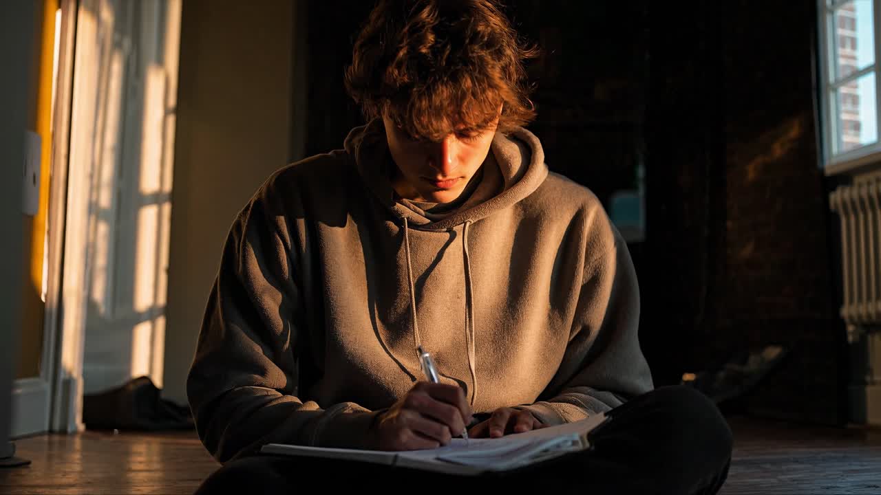 Student writing notes on notebook, sitting cross legged near window during golden sunset, concentrating intently on academic task in warm, soft illumination