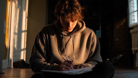 student writing notes on notebook, sitting cross legged near window during golden sunset, concentrating intently on academic task in warm, soft illumination