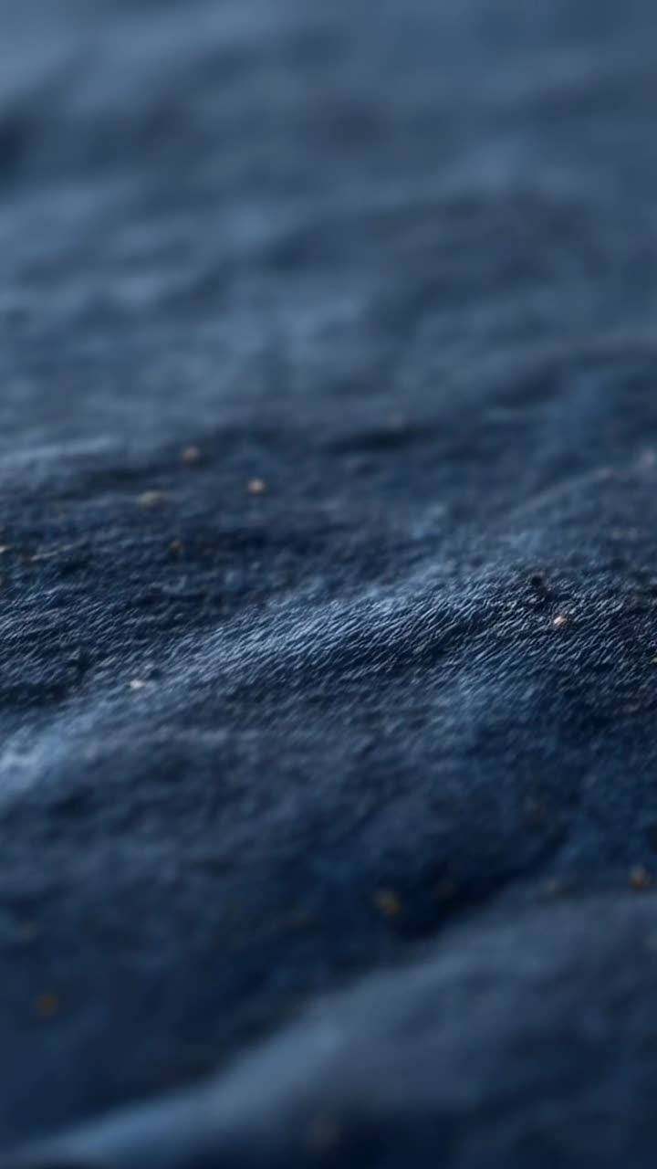 Video verticale: obiettivo della fotocamera che cambia, regolando la messa a fuoco su un primo piano di un tessuto blu scuro con lanugine