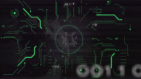 icono de error y animación de código binario sobre el fondo del mapa del mundo digital