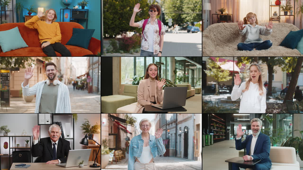 Collage of happy people men women waving hands friendly gesturing invitation hello hi welcoming
