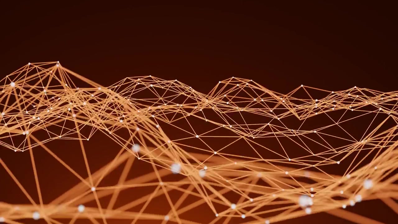 Rete astratta arancione di punti e linee arancioni luminosi e connessi su sfondo scuro. Concetto di design digitale futuristico per la tecnologia e la visualizzazione dei dati. Rendering 3D con spazio per il testo