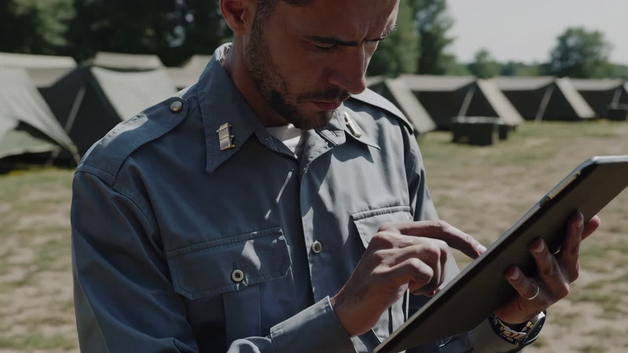 Military Officer Using Tablet in Camp