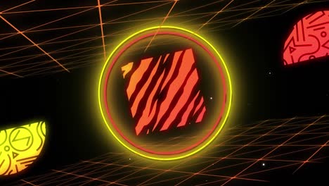 animación de iconos digitales de neón parpadeantes que cambian en un círculo brillante