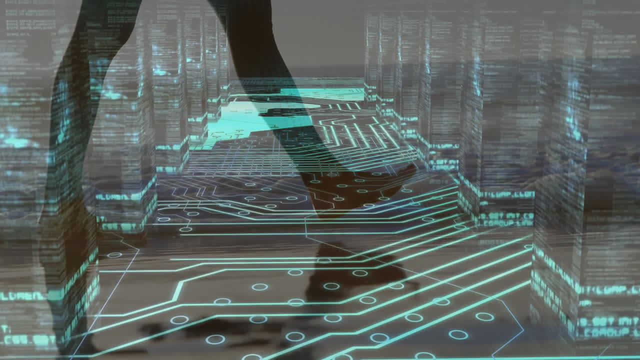 Walking through futuristic data corridor, person with digital circuit animation overlay