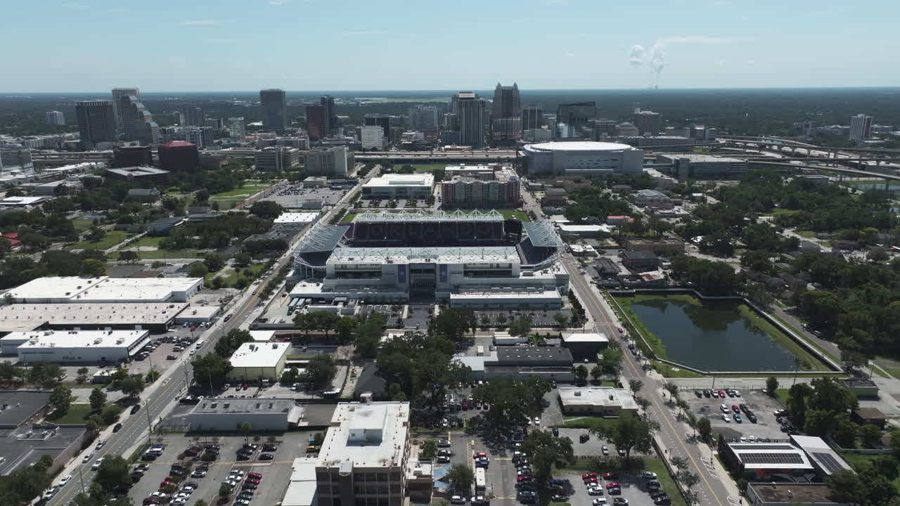 Aerial View Of Soccer Stadium And Downtown Skyline In Orlando, Florida, USA