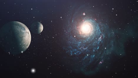 universo, galaxia azul y dos planetas giratorios moviéndose en el espacio