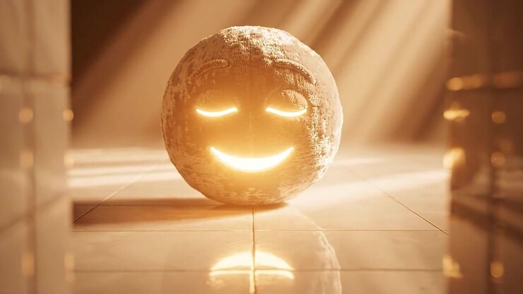 Una sfera di pietra sorridente illuminata da raggi di luce in una stanza vuota, che cattura un'atmosfera serena e giocosa con un'espressione felice e ombre morbide