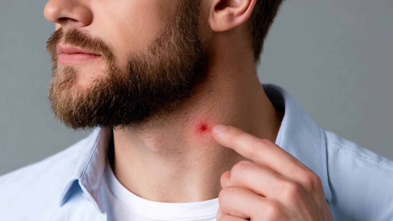 Esame ravvicinato di una condizione della pelle: Uomo che indica una macchia rossa sul collo che indica potenziale irritazione o infezione.