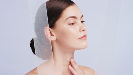 fabric, beauty and woman in studio for skincare