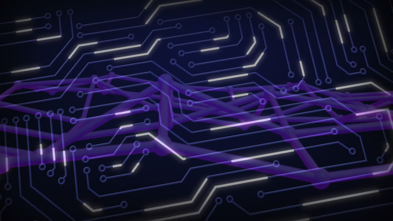 Glowing purple and white lines forming circuit board pattern on dark background