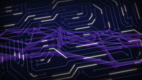Glowing purple and white lines forming circuit board pattern on dark background