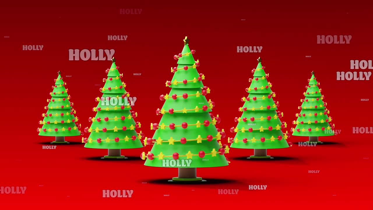 은 배경에 크리스마스 나무 위의 크리스마스 홀리 텍스트의 애니메이션