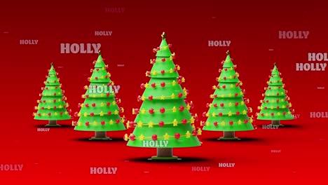 Animation-of-christmas-holly-text-over-christmas-trees-on-red-background