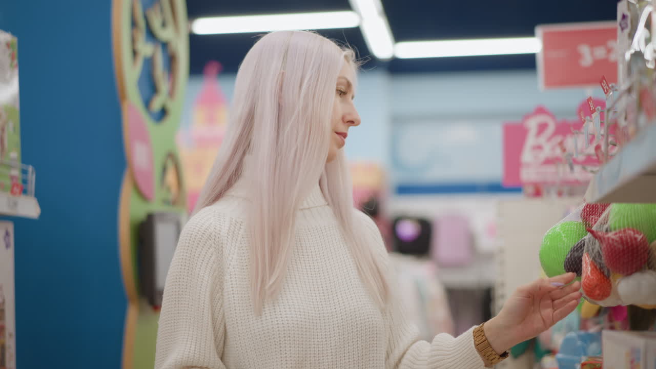 Elegant shopper browses children toys in mall store, inspecting colorful play sets on shelves, examining details with focused gaze, ambient lighting highlighting display, blurred background elements
