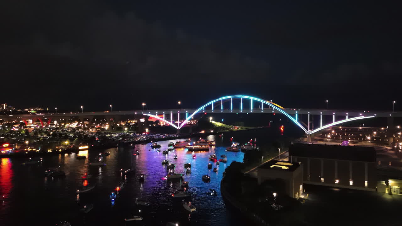 AERIAL: Hoancoming event in Milwaukee with Illuminated Hoan bridge and fireworks