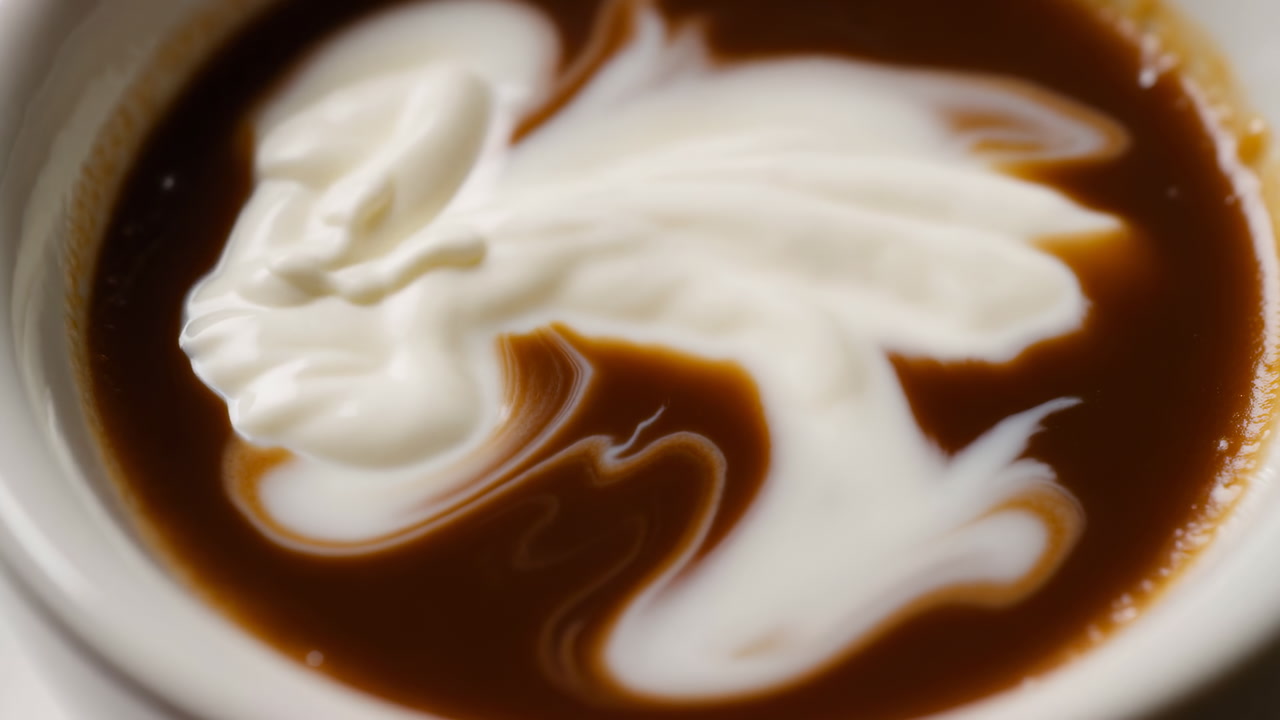 Closeup Pouring Milk Into Espresso, Swirling White Foam Creating Abstract Latte Art, Creamy Texture Merging