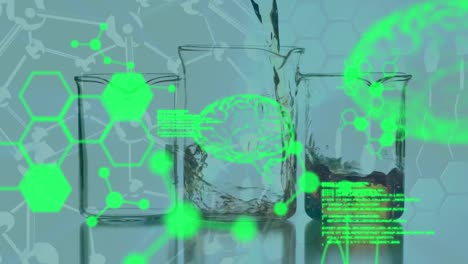 Animation-of-data-processing,-brains-and-chemical-formulas-over-liquid-pouring-into-glass