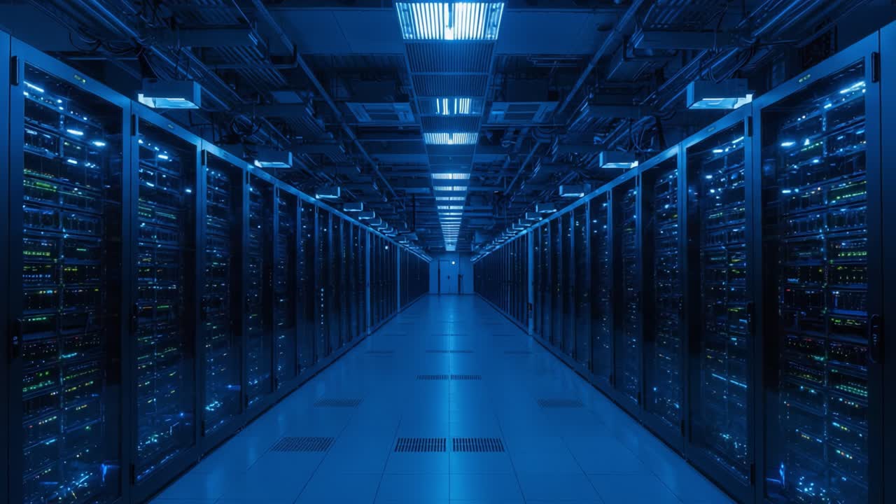 En fantastisk indvendig udsigt over et højteknologisk datacenter, der fremhæver rækker af servere, der gløder i neonblåt lys, og fremviser avanceret teknologi og infrastruktur.