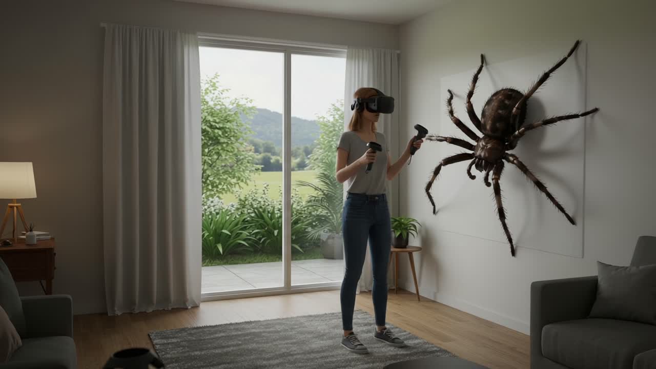 A Virtual Reality Experience: Engaging with a Realistic Spider in a Cozy Living Room Environment with Scenic Views