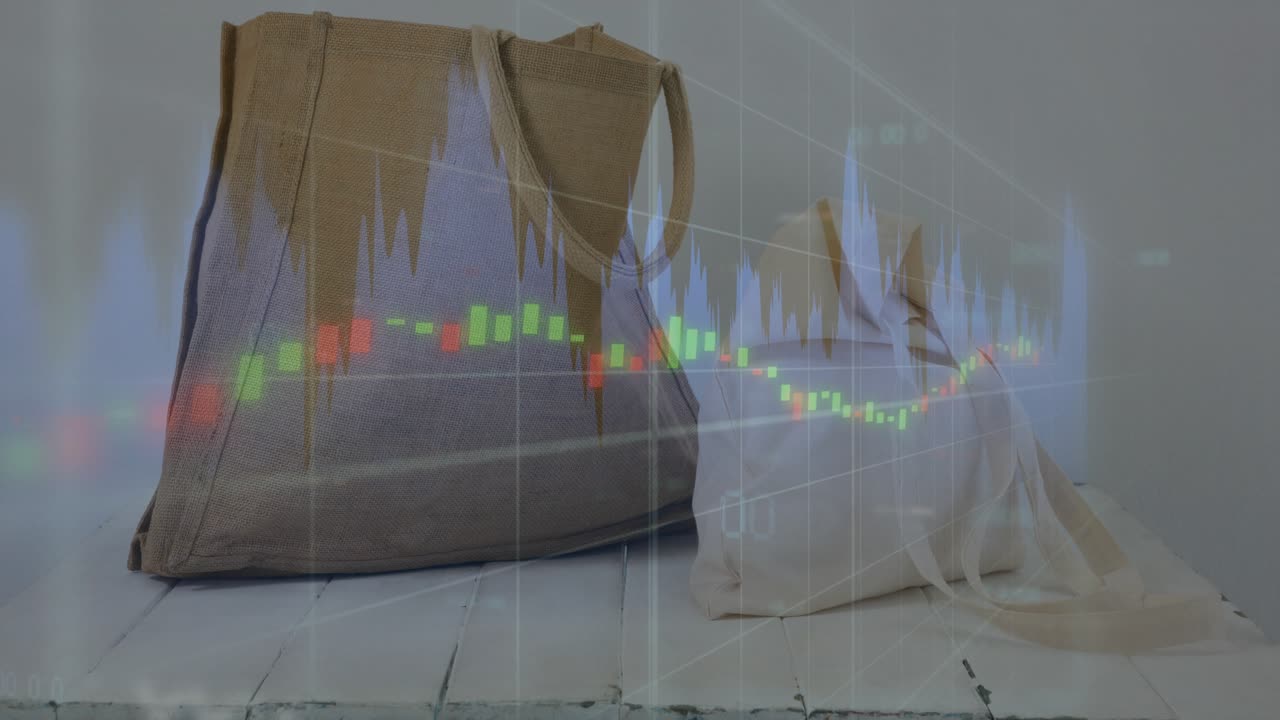 Chart overlay fading in over two totes, waveform rising, candlesticks shifting to show market data
