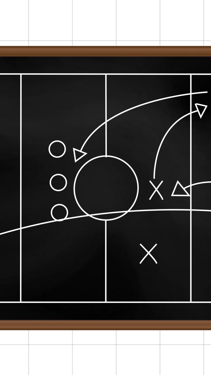 Animation of football game strategy drawn on black chalkboard against squared lined paper background