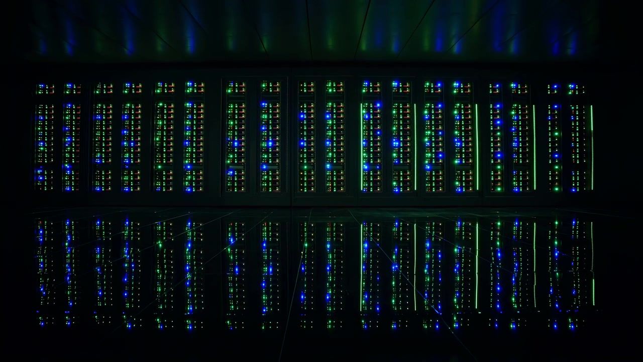 Rows of illuminated server hardware remain centered in darkness as blue, green and amber status lights flicker across stacked panels, creating a precise symmetrical technology view.
