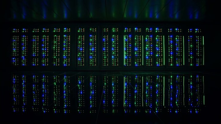 Rows of illuminated server hardware remain centered in darkness as blue, green and amber status lights flicker across stacked panels, creating a precise symmetrical technology view.