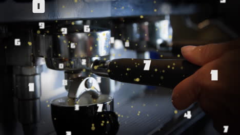 espresso portafilter dispensing coffee into cup, showing speckles and floating numbers in 3d render
