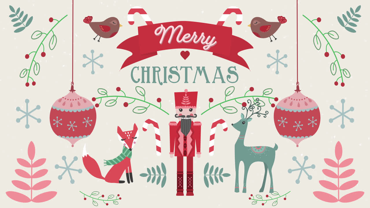 Animation of Merry Christmas words with animals on Christmas decorations background