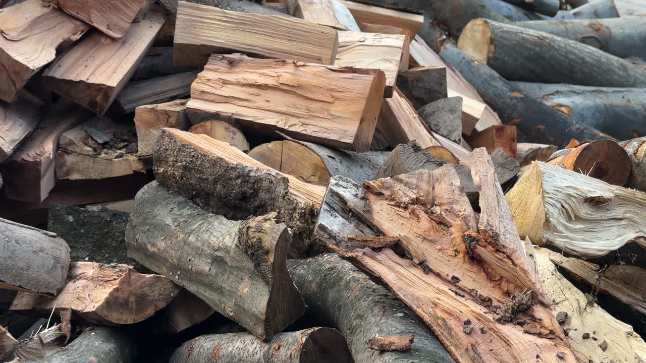 Close-up shot of chopped firewood logs showing tree bark, wood texture, and traces of recent cutting — representing deforestation, logging, or renewable energy concepts