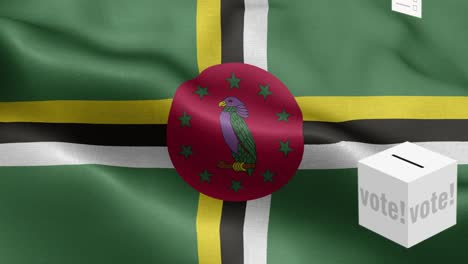 las papeletas vuelan a la caja para la selección de dominica - caja de votación delante de la bandera - elección - voto - bandera de dominica (bandera de dominica) alto detalle - bandera nacional de dominica patrón de ondas elementos en bucle - textura de tela y bucle sin fin