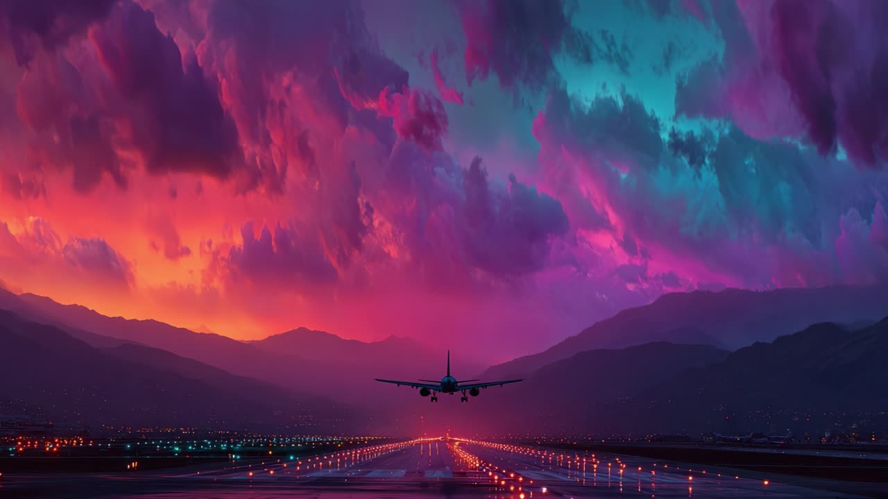 A Stunning Departure: A Vibrant Sunset Graces the Sky as an Airplane Takes Off Against a Backdrop of Colorful Clouds and Illuminated Runway Lights